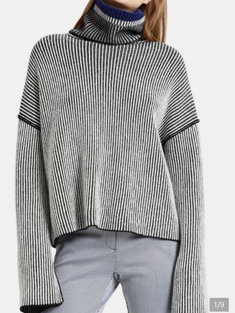 THEORY WOMENS CASHMERE BLACK BLUE STRIPE TURTLENECK SWEATER “P”/00 OVERSIZED